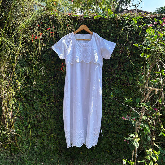 Embroidered Fabric Nursing-Friendly White Nighty