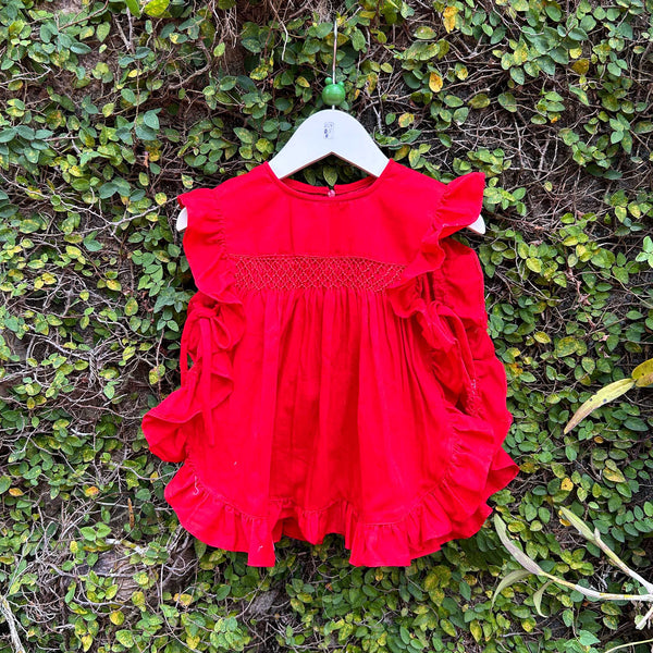 smocked red baby dress