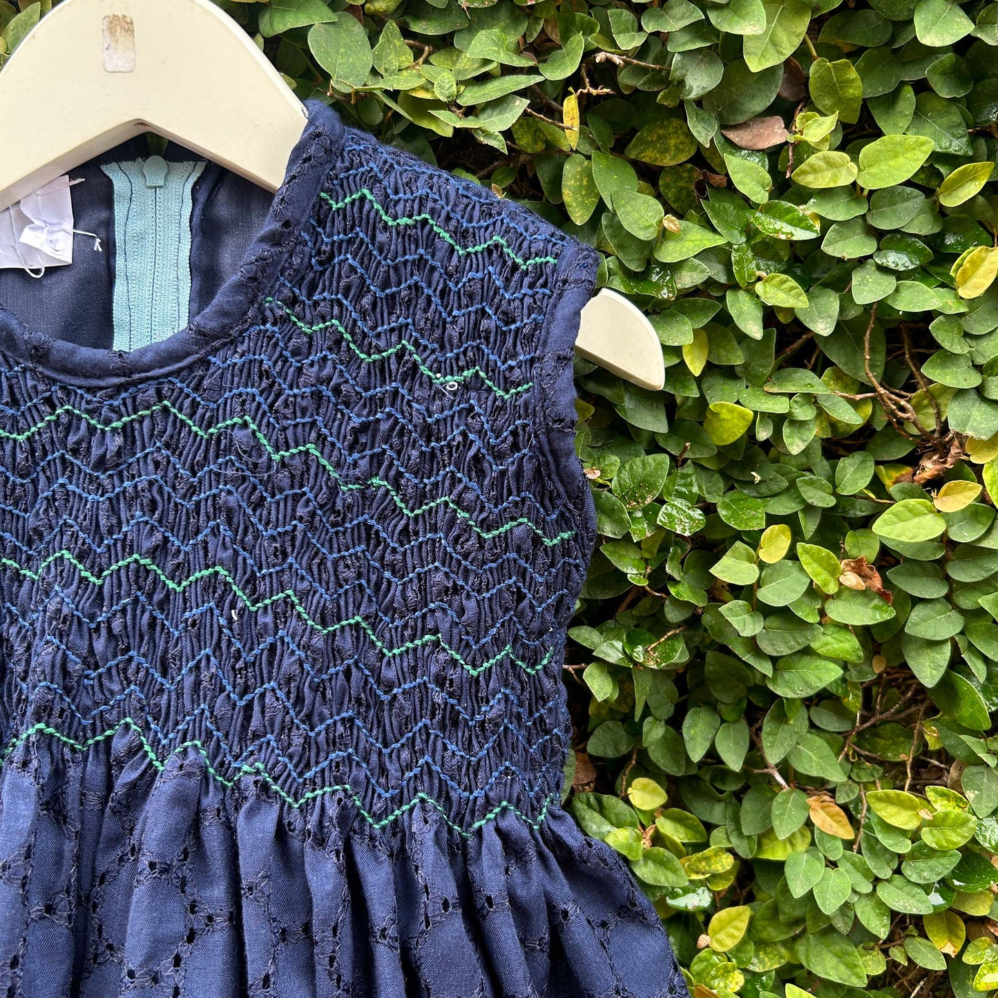 Indigo Eyelet Dress with Smocked Detail
