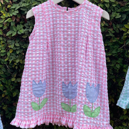 Cotton Seersucker Sleeveless Tulip Appliqué Dress