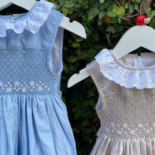 Sleeveless Sky Blue and Beige Smocking Dress