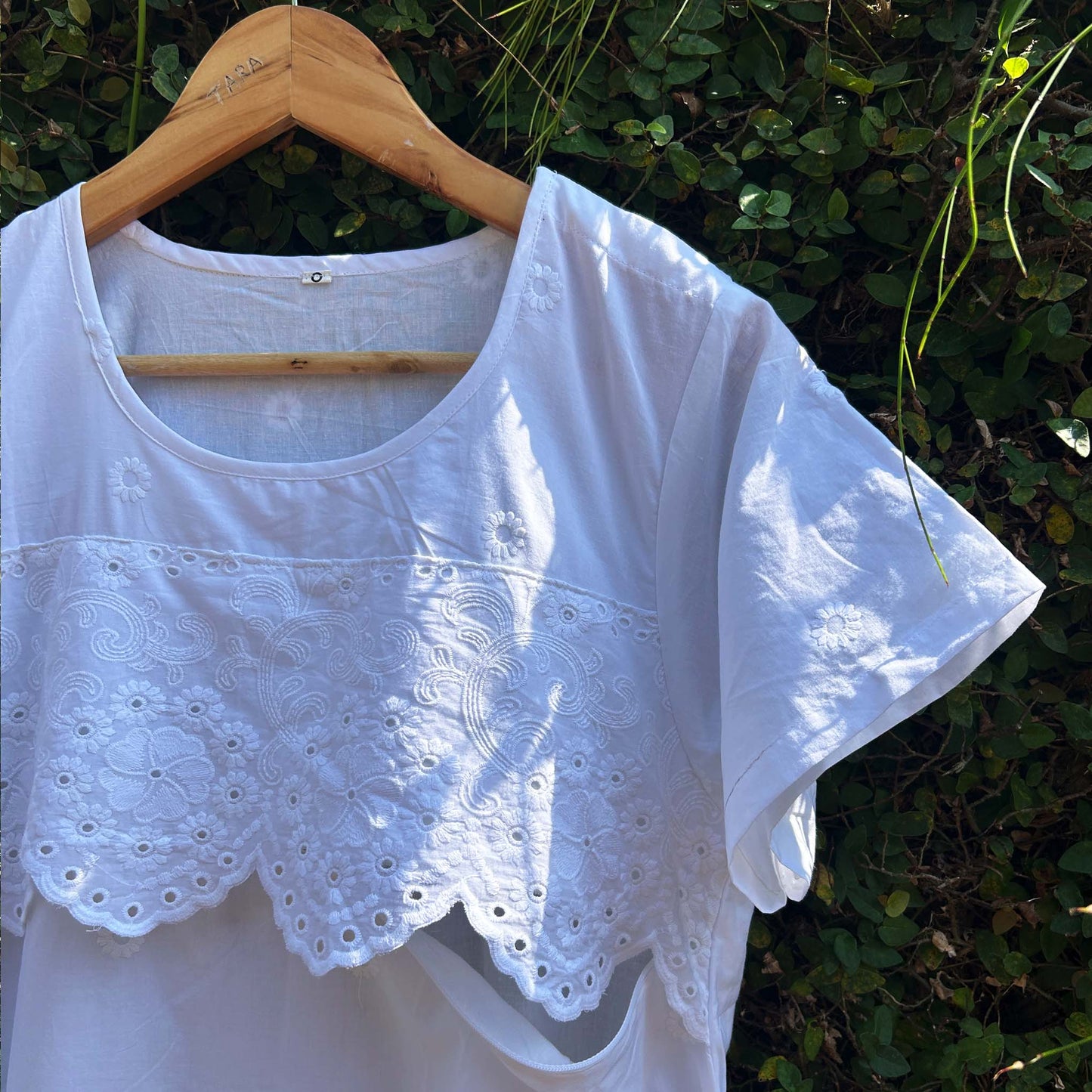 Embroidered Fabric Nursing-Friendly White Nighty