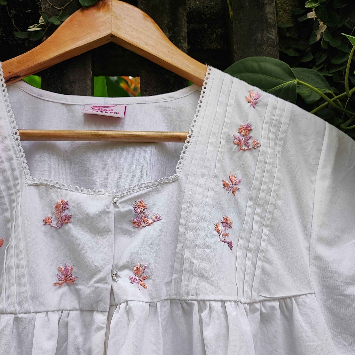 Half Sleeved Nightwear with Embroidered Ornate Flowers