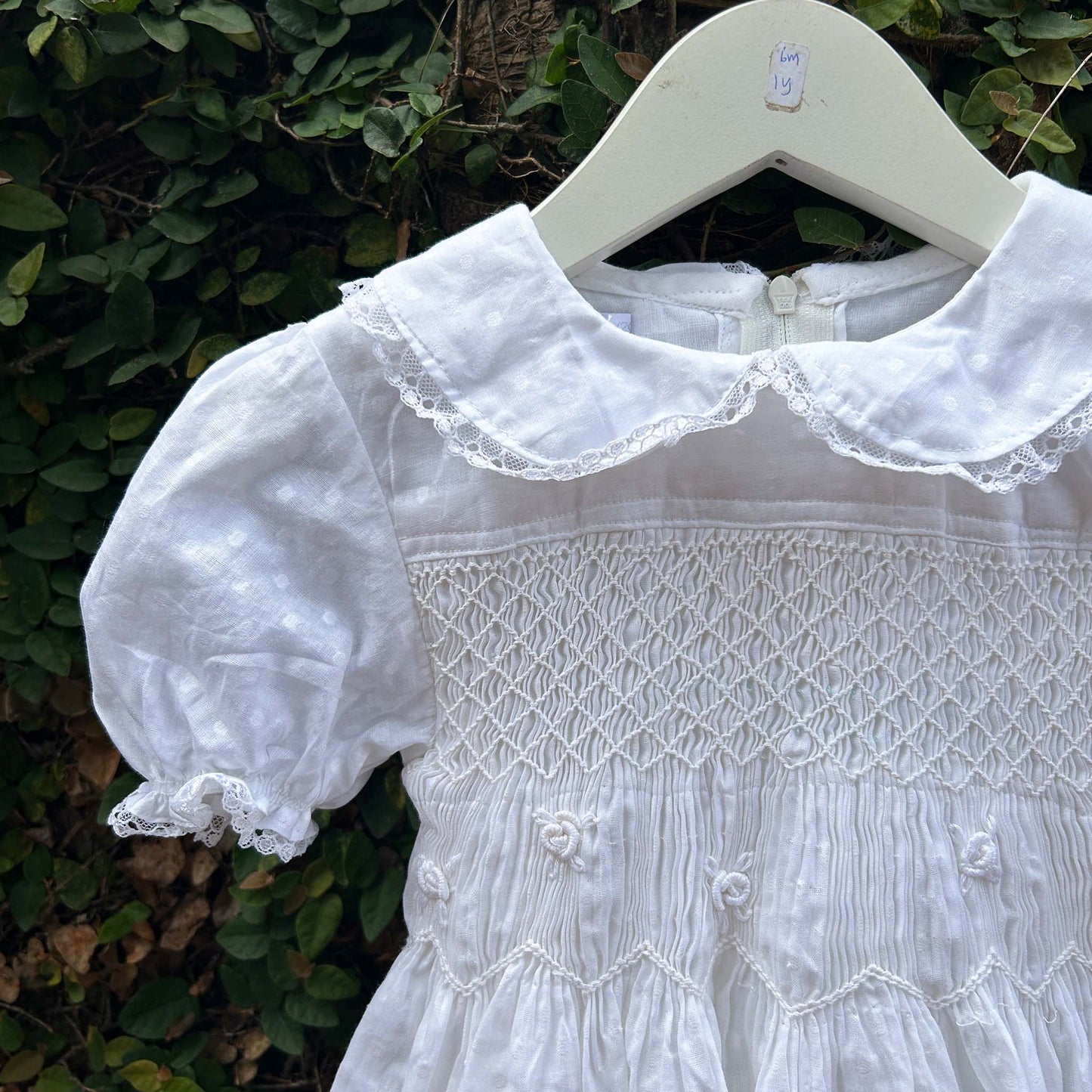 Smocked Peter Pan Collared White Baby Dress