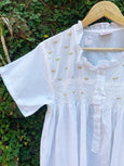 Cotton White Collar Smocking Buds Nighty - Front Open