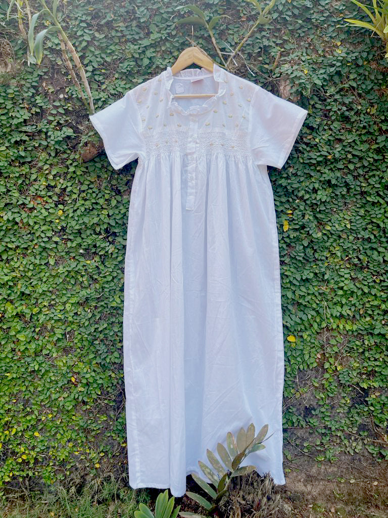 Cotton White Collar Smocking Buds Nighty - Front Open