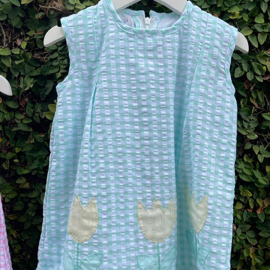 Cotton Seersucker Sleeveless Tulip Appliqué Dress