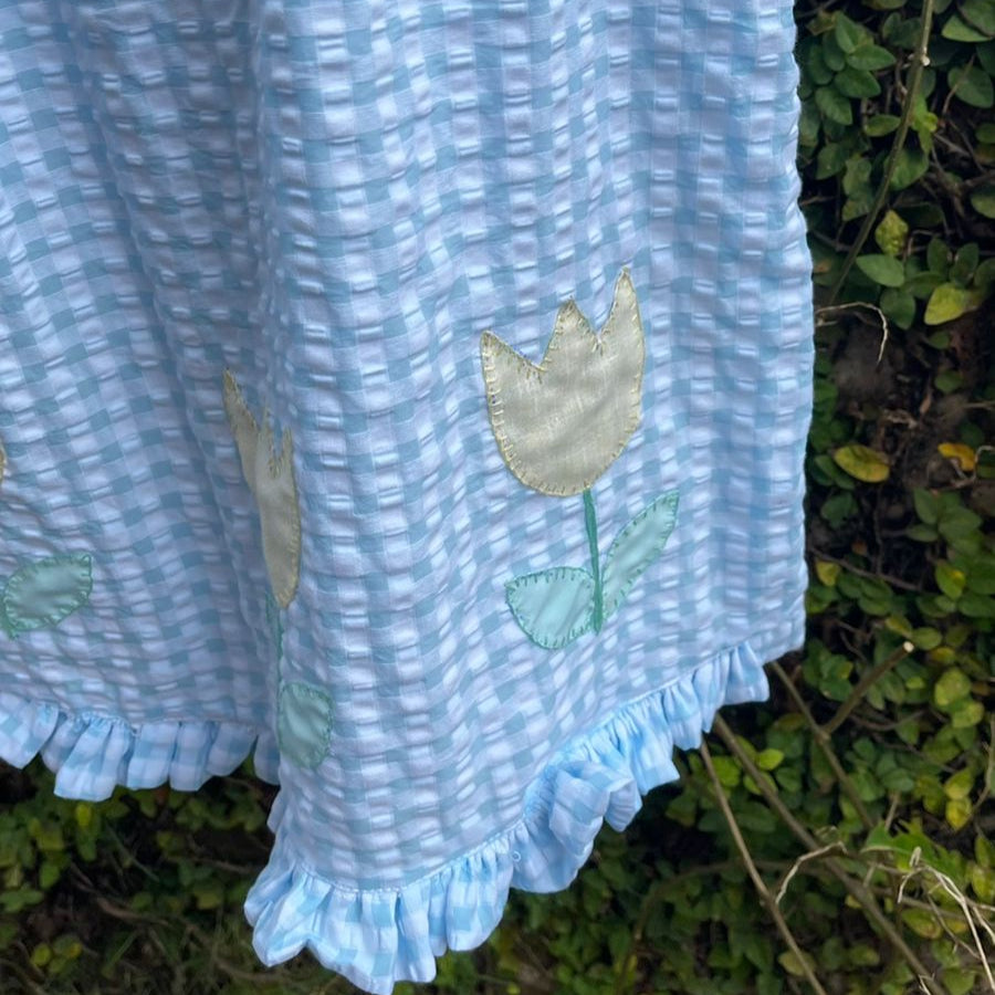 Cotton Seersucker Sleeveless Tulip Appliqué Dress
