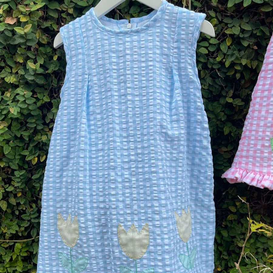 Cotton Seersucker Sleeveless Tulip Appliqué Dress