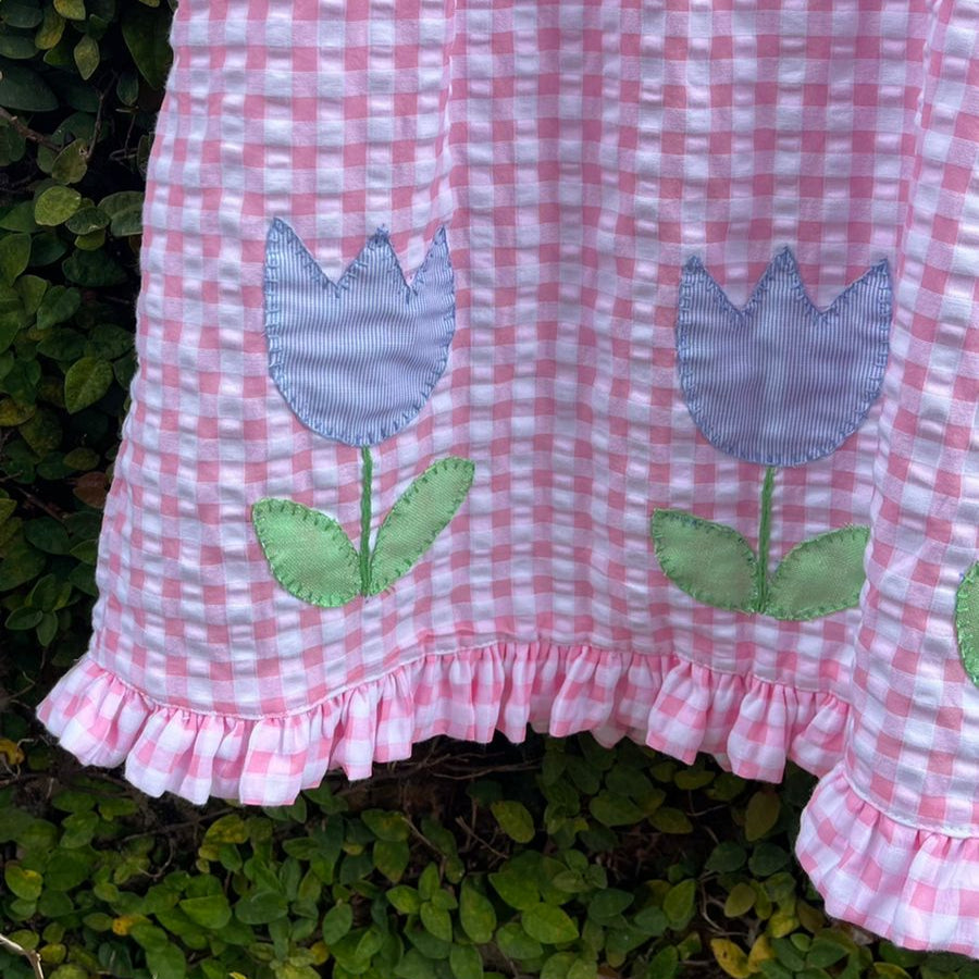 Cotton Seersucker Sleeveless Tulip Appliqué Dress