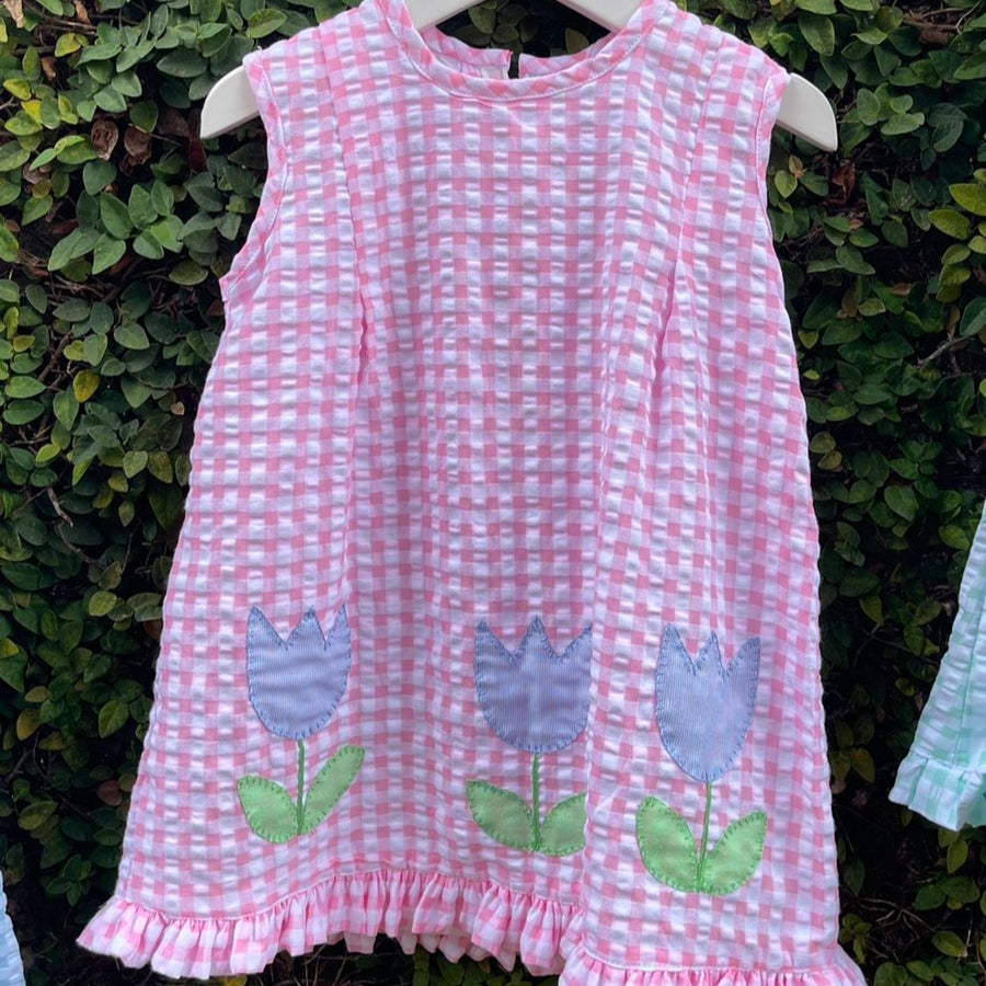 Cotton Seersucker Sleeveless Tulip Appliqué Dress