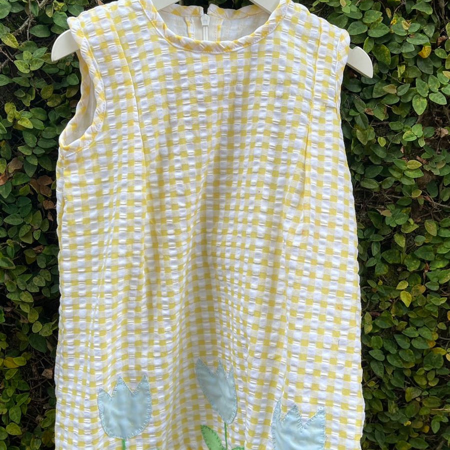 Cotton Seersucker Sleeveless Tulip Appliqué Dress