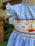 Large Checkered Blue Sailing Ship Embroidered Dress