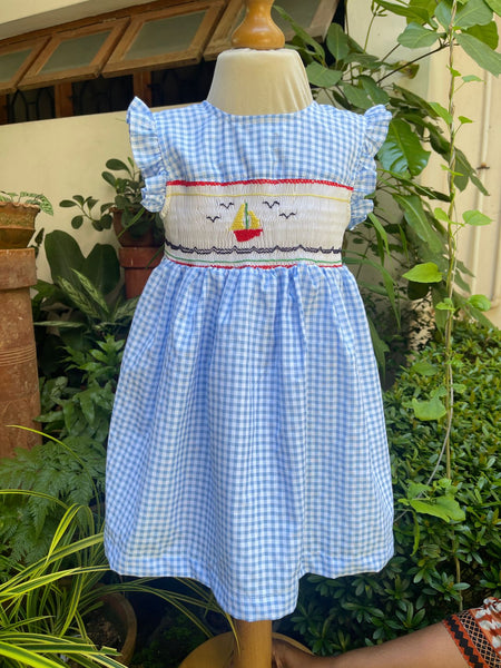 blue checkered embroidered baby dress