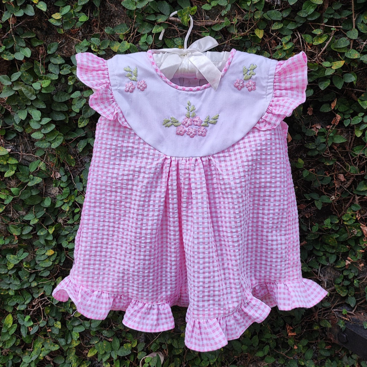 Embroidered High Yoke Gingham Baby Dresses