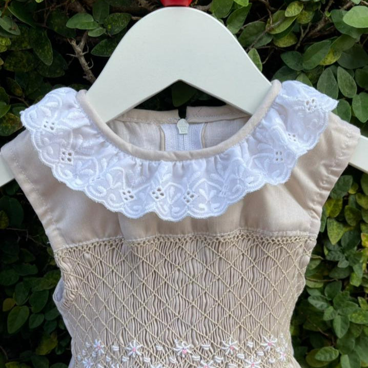 Sleeveless Sky Blue and Beige Smocking Dress