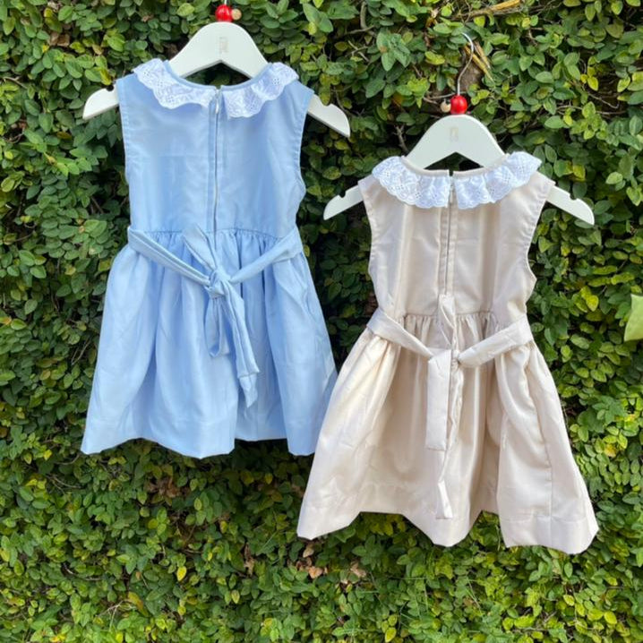 Sleeveless Sky Blue and Beige Smocking Dress